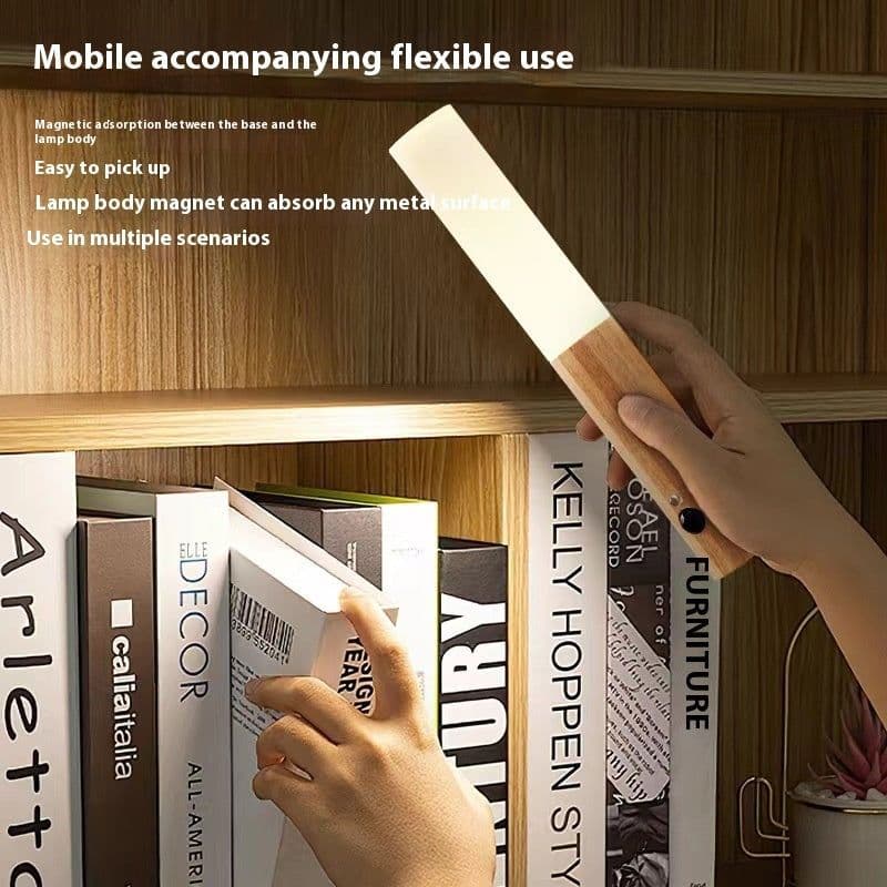 image-LED Wood Grain Magnetic Wall Lamp Motion Sensor USB Night Light Cabinet Closet Light Staircase Bedroom Table Bedside Lighting