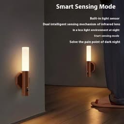 image-LED Wood Grain Magnetic Wall Lamp Motion Sensor USB Night Light Cabinet Closet Light Staircase Bedroom Table Bedside Lighting