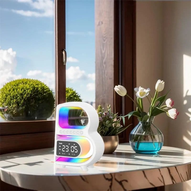 image-2024 New B-Shaped Blutooth Speaker Multifunctional Smart Music Rhythm Lighting Phone Wireless Charger TF Card AUX Input Standard Mode