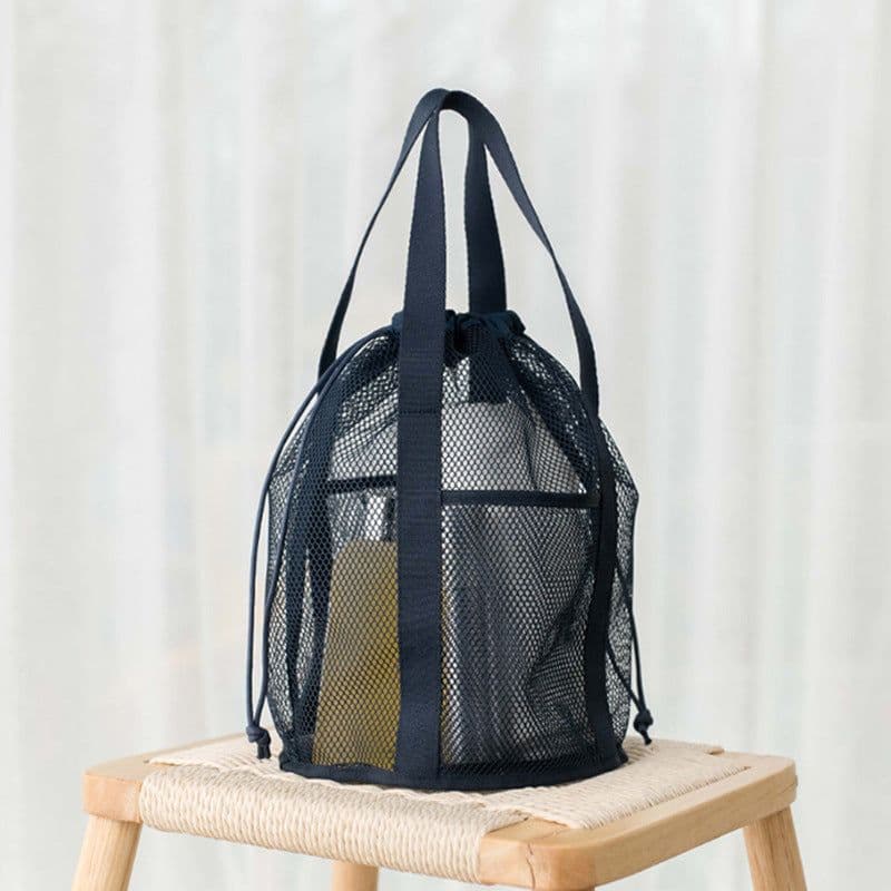 image-Travel Storage Bag Mesh Hollow Out Handbag Drawstring Wash Bag