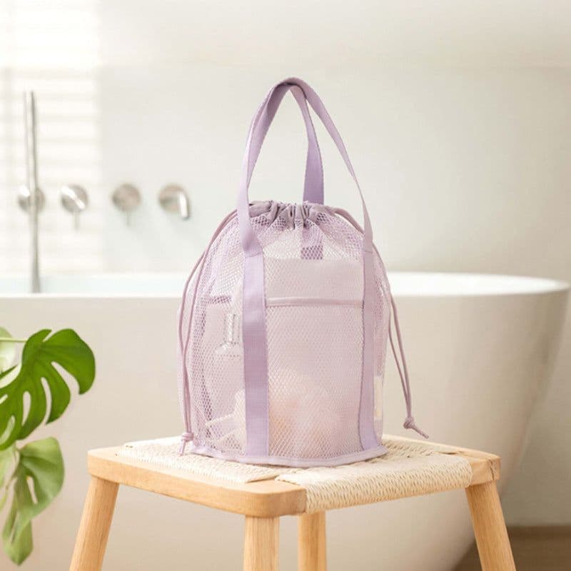 image-Travel Storage Bag Mesh Hollow Out Handbag Drawstring Wash Bag