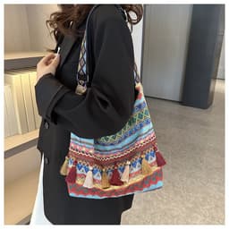 image-Simple Shoulder Retro Ethnic Style Large Capacity Crossbody Tote Bag