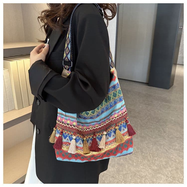 image-Simple Shoulder Retro Ethnic Style Large Capacity Crossbody Tote Bag