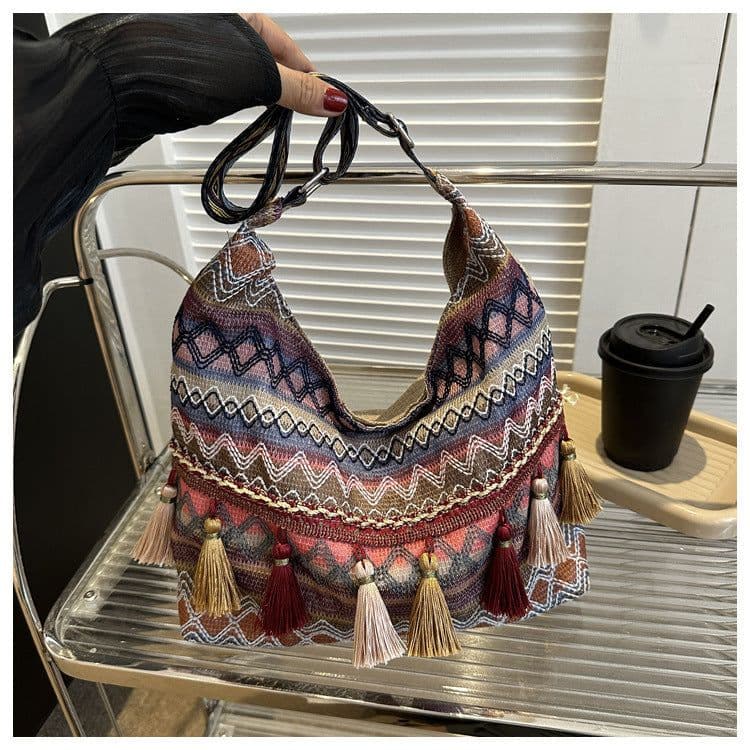 image-Simple Shoulder Retro Ethnic Style Large Capacity Crossbody Tote Bag