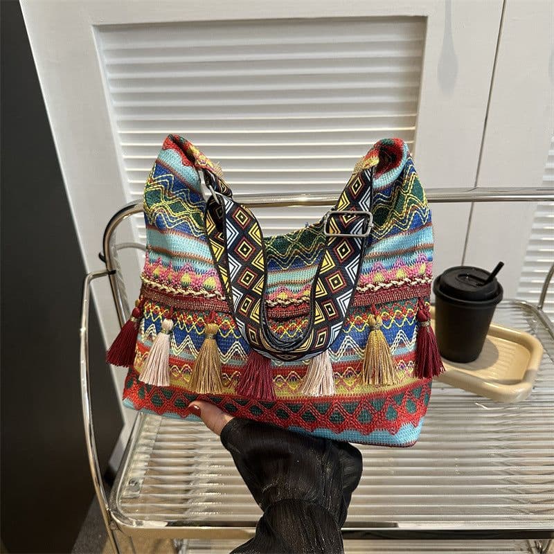 image-Simple Shoulder Retro Ethnic Style Large Capacity Crossbody Tote Bag