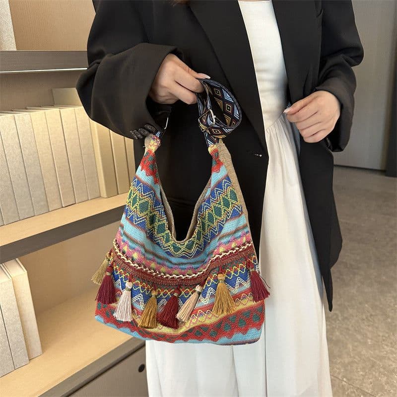 image-Simple Shoulder Retro Ethnic Style Large Capacity Crossbody Tote Bag