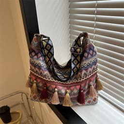 image-Simple Shoulder Retro Ethnic Style Large Capacity Crossbody Tote Bag