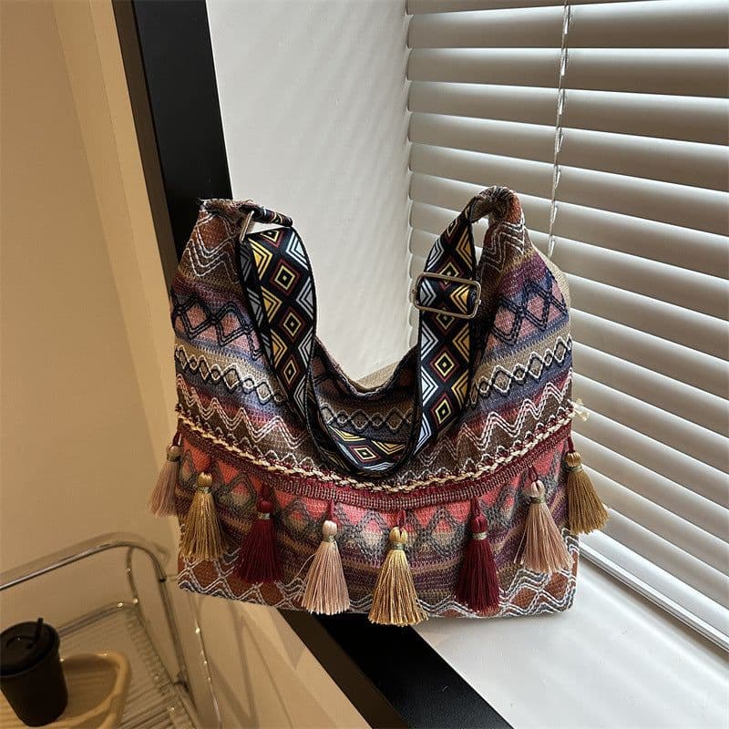 image-Simple Shoulder Retro Ethnic Style Large Capacity Crossbody Tote Bag