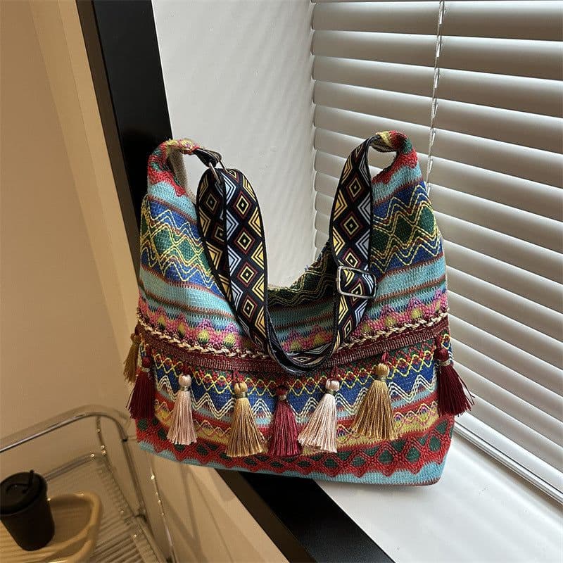 image-Simple Shoulder Retro Ethnic Style Large Capacity Crossbody Tote Bag