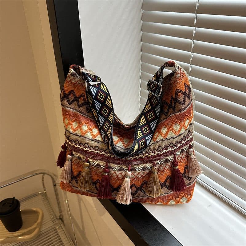 image-Simple Shoulder Retro Ethnic Style Large Capacity Crossbody Tote Bag