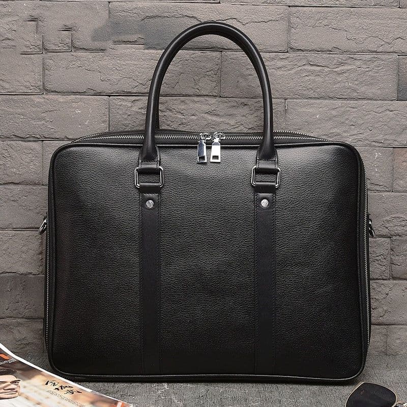 image-Men's Real-leather Handbag Double Zipper Cattlehide Leather Fashion