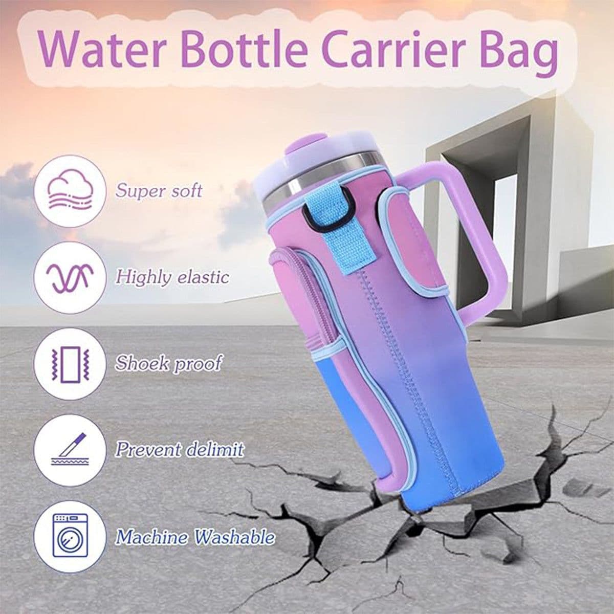 image-Water Bottle Carrier Bag Fit For 40oz Tumbler With Handle, Water Bottle Holder Bag With Adjustable Shoulder Strap For Hiking Travelling Camping