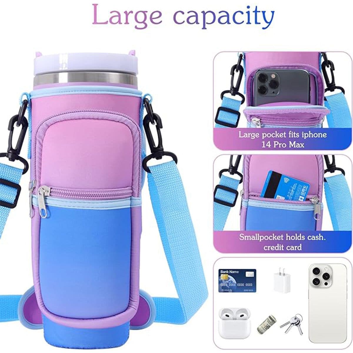 image-Water Bottle Carrier Bag Fit For 40oz Tumbler With Handle, Water Bottle Holder Bag With Adjustable Shoulder Strap For Hiking Travelling Camping