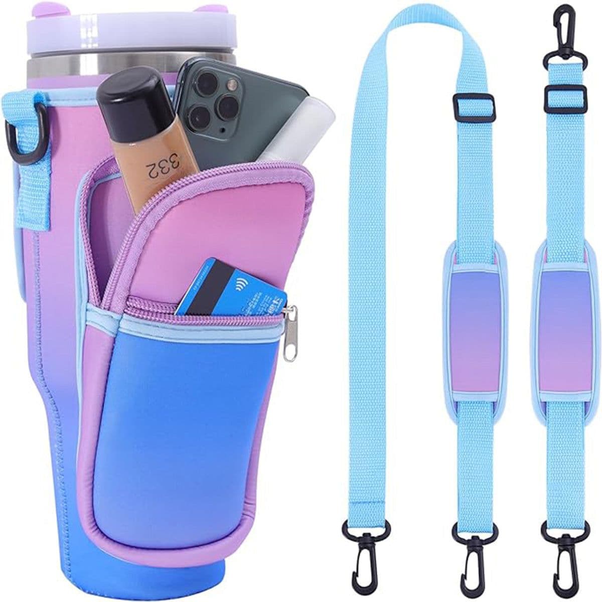 image-Water Bottle Carrier Bag Fit For 40oz Tumbler With Handle, Water Bottle Holder Bag With Adjustable Shoulder Strap For Hiking Travelling Camping