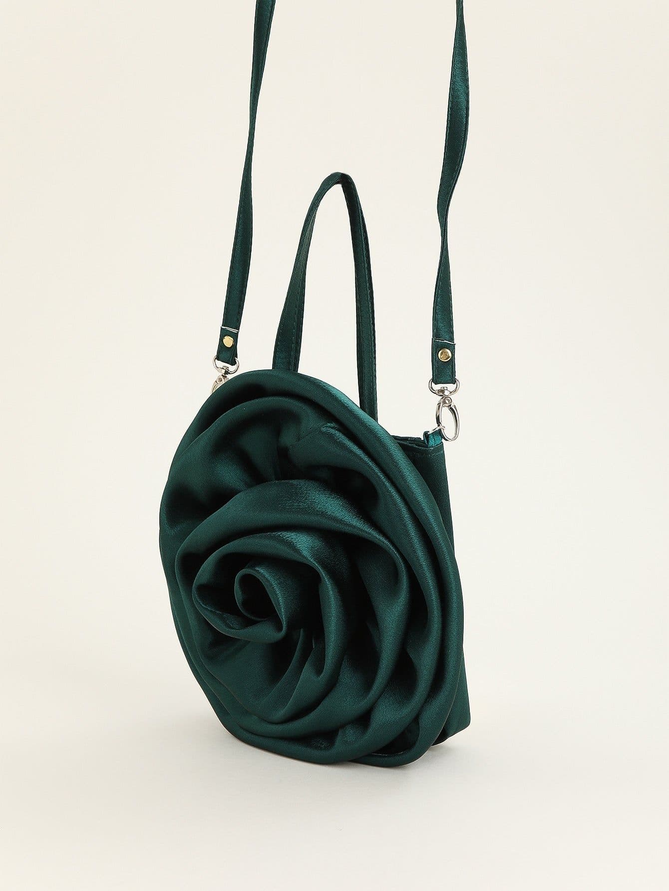 image-Satin Satin Three-dimensional Rose Flower Shape Portable Crossbody Party Wedding Female Dinner Bag