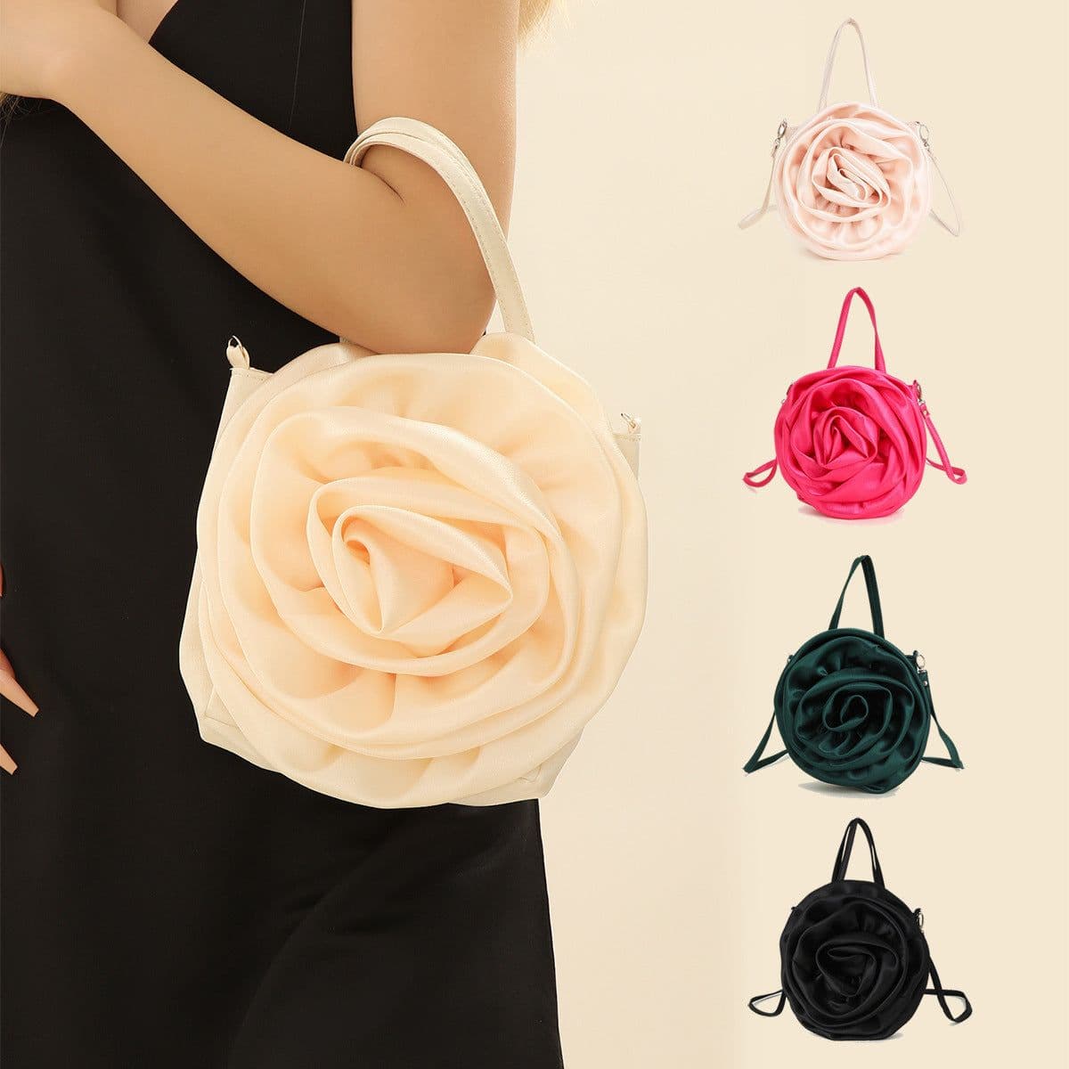 image-Satin Satin Three-dimensional Rose Flower Shape Portable Crossbody Party Wedding Female Dinner Bag