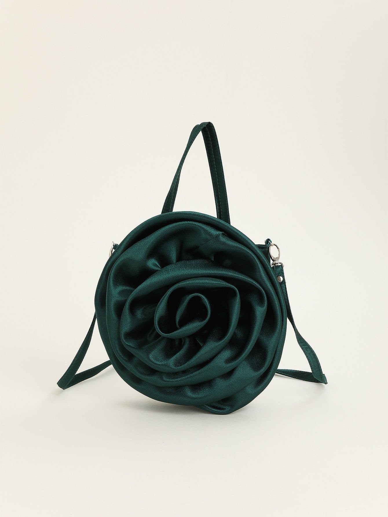 image-Satin Satin Three-dimensional Rose Flower Shape Portable Crossbody Party Wedding Female Dinner Bag