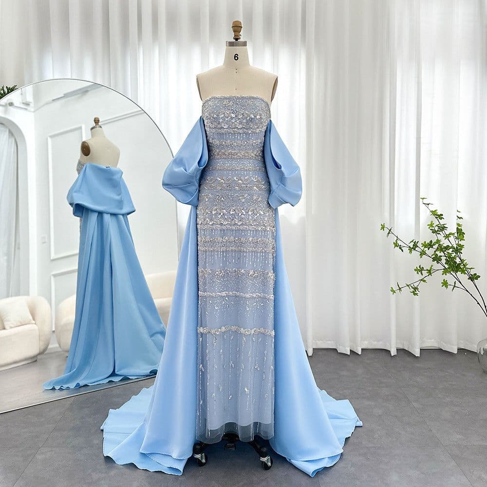 image-Foreign Trade Tube Top Heavy Industry Beads Off-shoulder Satin Trailing Evening Dress