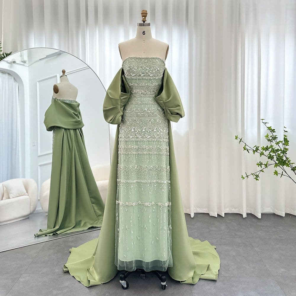image-Foreign Trade Tube Top Heavy Industry Beads Off-shoulder Satin Trailing Evening Dress