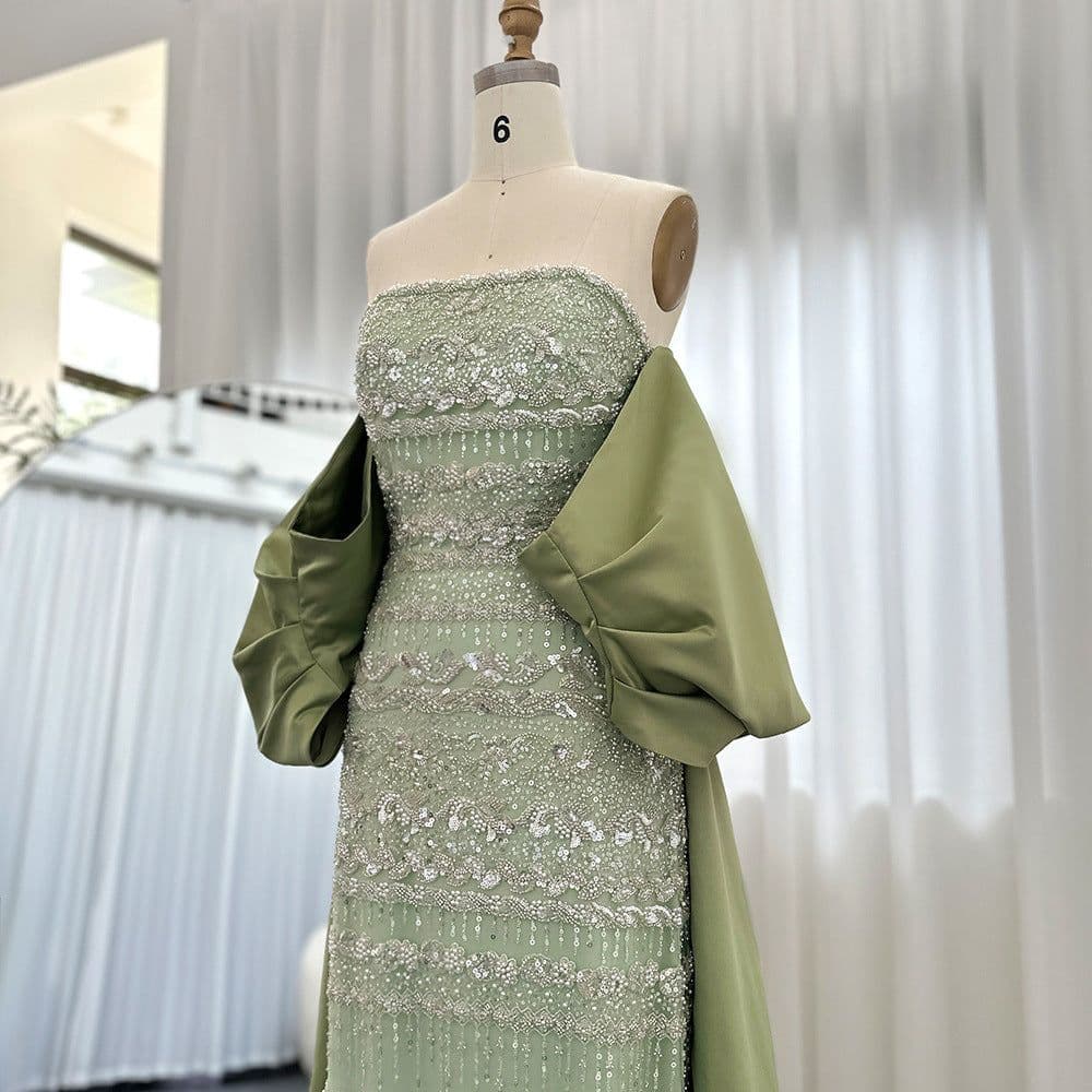 image-Foreign Trade Tube Top Heavy Industry Beads Off-shoulder Satin Trailing Evening Dress