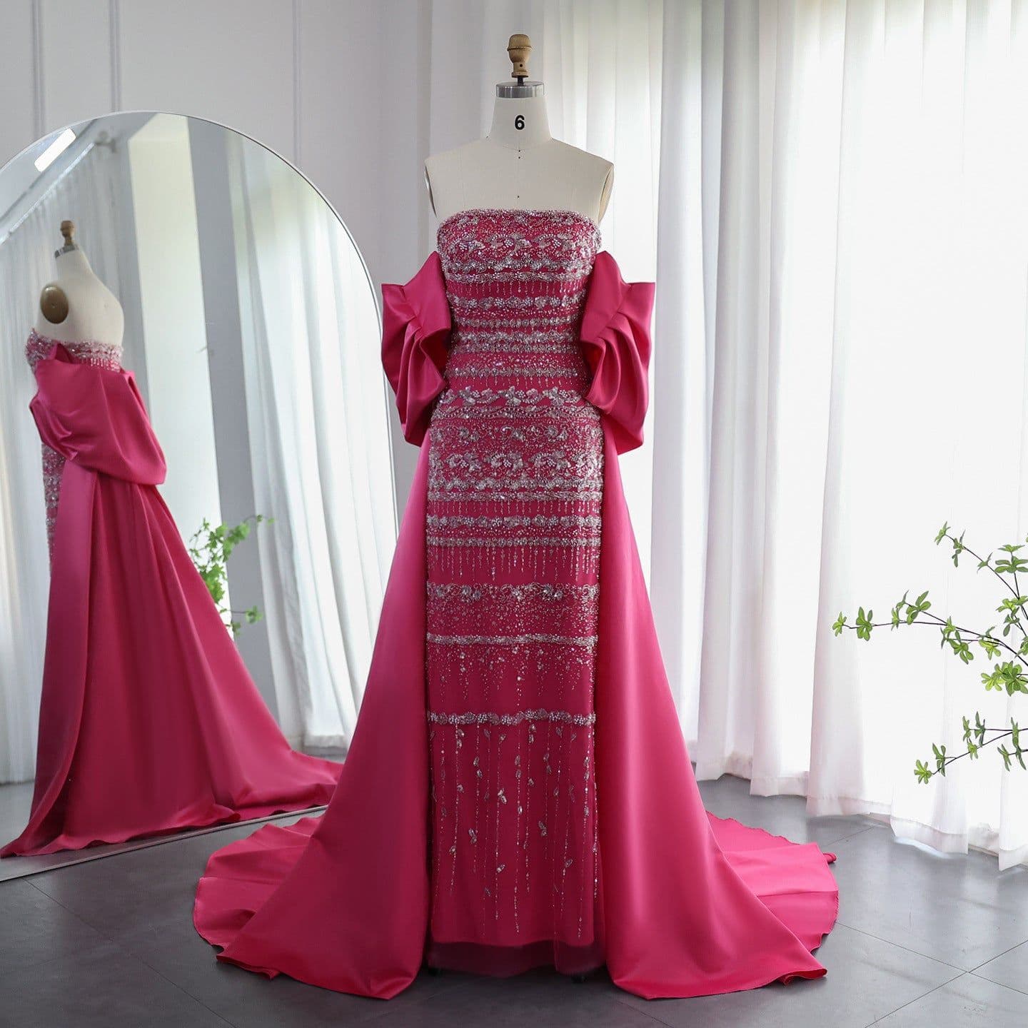 image-Foreign Trade Tube Top Heavy Industry Beads Off-shoulder Satin Trailing Evening Dress