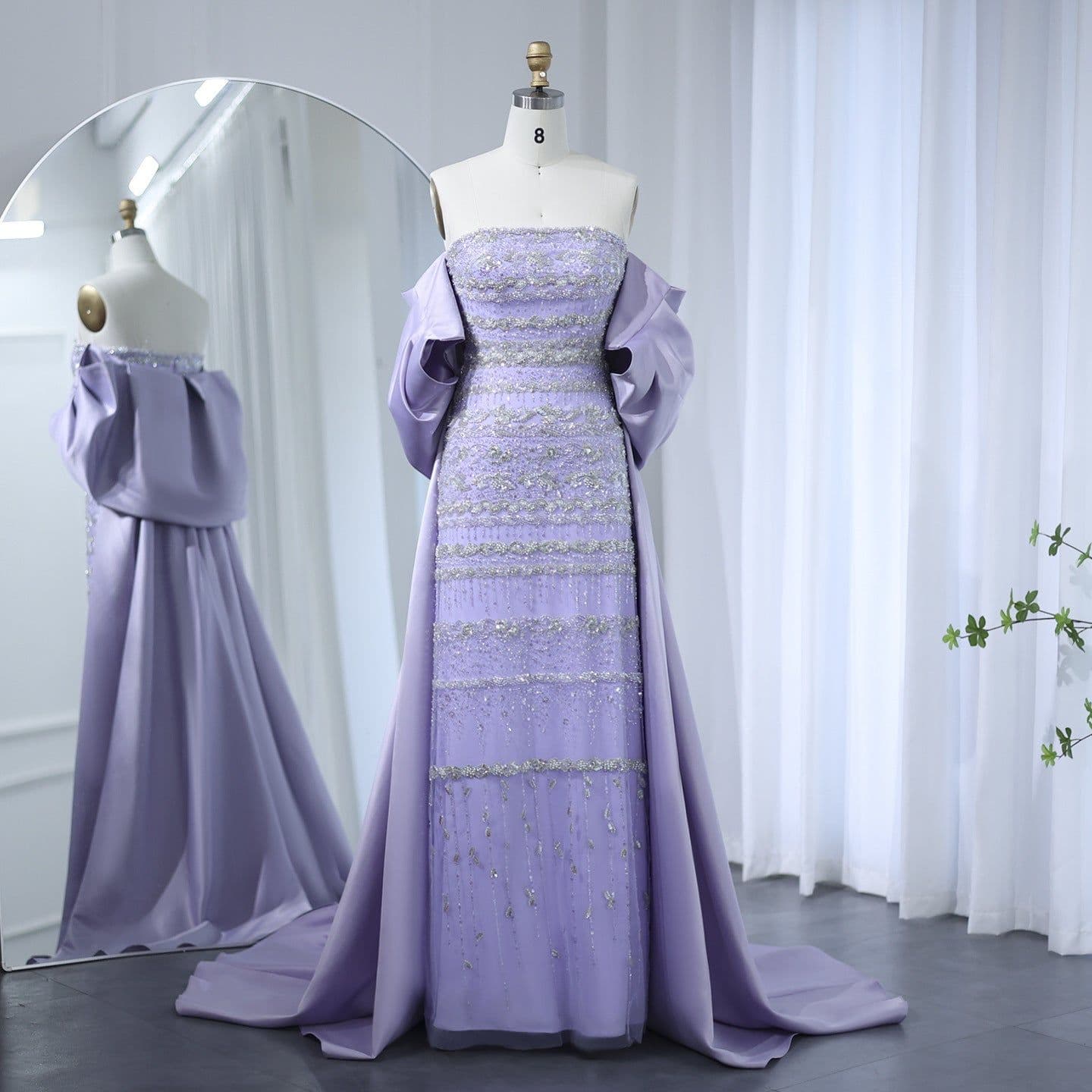 image-Foreign Trade Tube Top Heavy Industry Beads Off-shoulder Satin Trailing Evening Dress