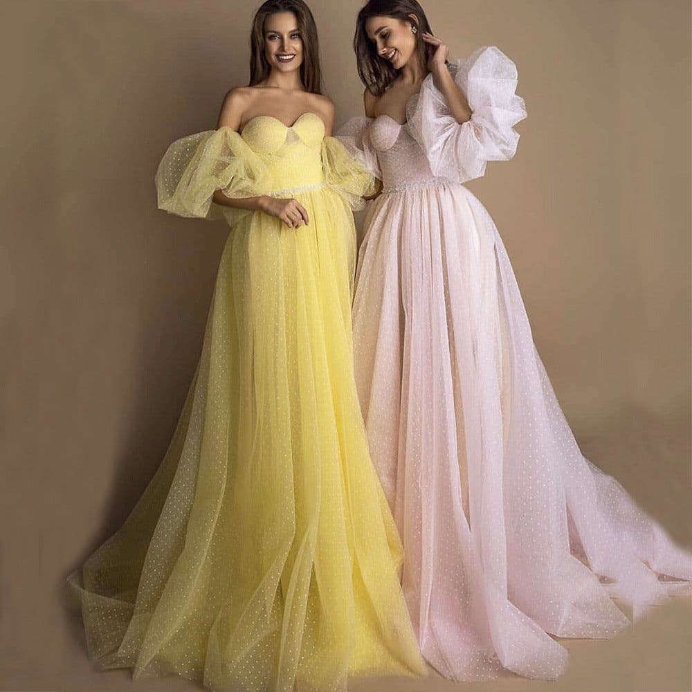 image-Evening Gown Tube Top Retro Lantern Sleeve Light Yarn