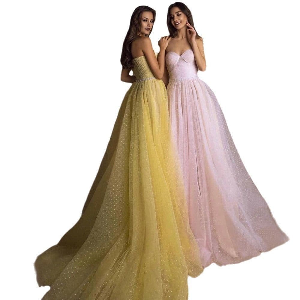 image-Evening Gown Tube Top Retro Lantern Sleeve Light Yarn