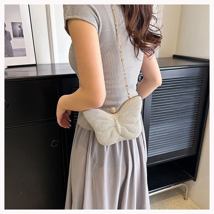 image-Cute Butterfly Stripe Clipped Button Metal Women's Chain Messenger Bag