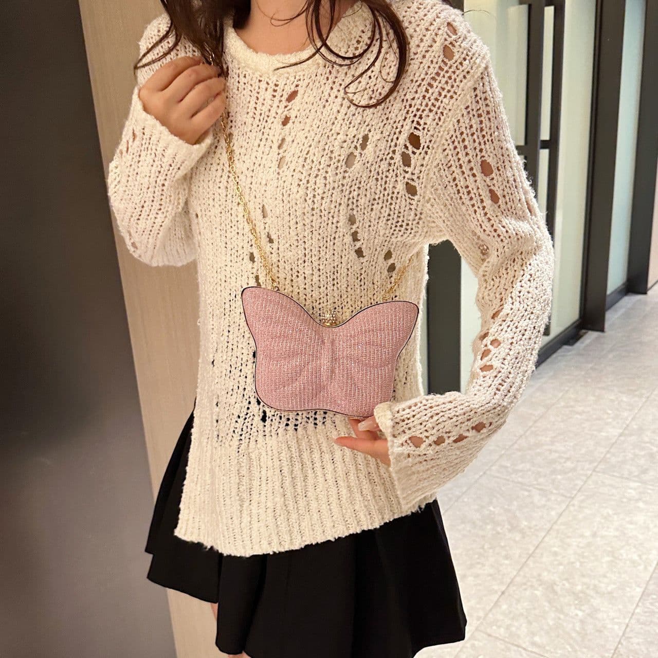 image-Cute Butterfly Stripe Clipped Button Metal Women's Chain Messenger Bag