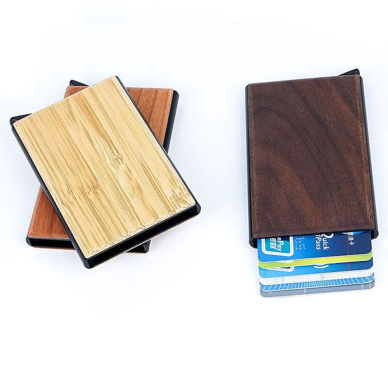 image-Creative Wooden Business Card Metal Sticker Wood Automatic Pop-up Bank Card RFID Box