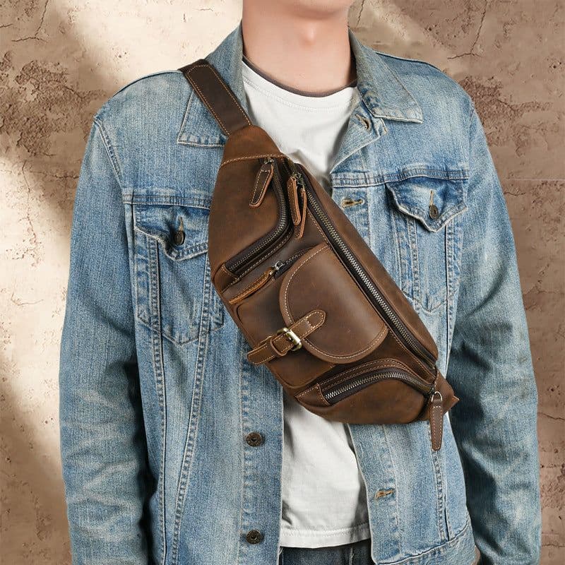 image-Leather Belt Retro Multi-functional Motorcycle Satchel Leather All-match Casual Chest Bag