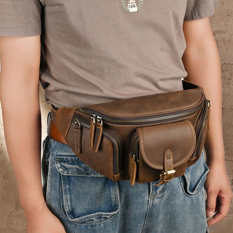 image-Leather Belt Retro Multi-functional Motorcycle Satchel Leather All-match Casual Chest Bag