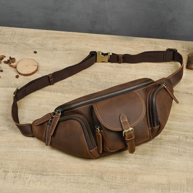 image-Leather Belt Retro Multi-functional Motorcycle Satchel Leather All-match Casual Chest Bag