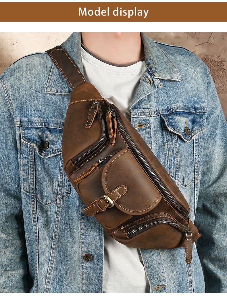 image-Leather Belt Retro Multi-functional Motorcycle Satchel Leather All-match Casual Chest Bag