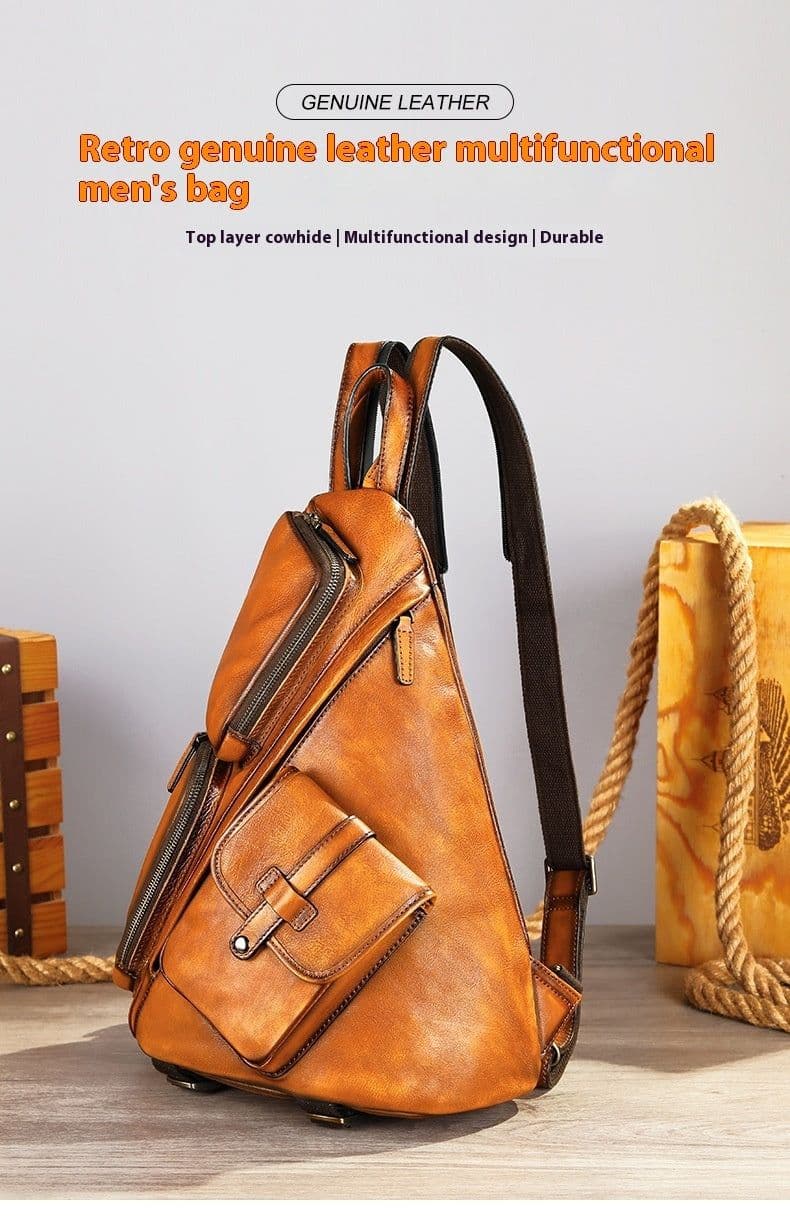 image-Casual Shoulder Crossbody First Layer Cowhide Sports Chest Bag