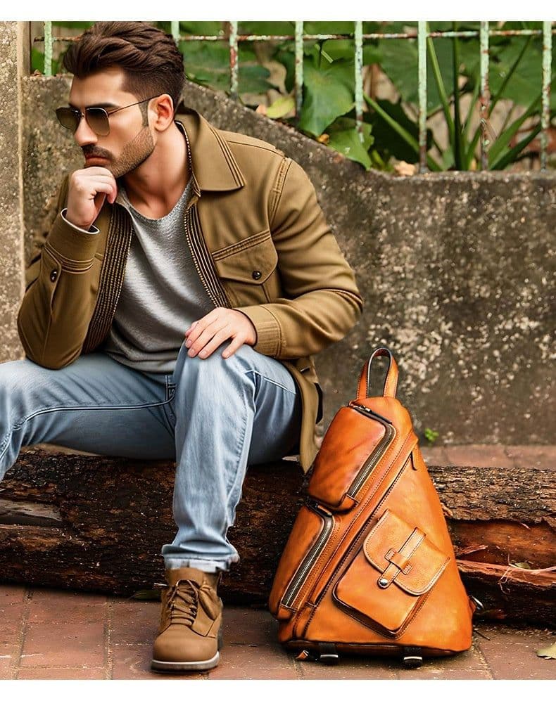 image-Casual Shoulder Crossbody First Layer Cowhide Sports Chest Bag