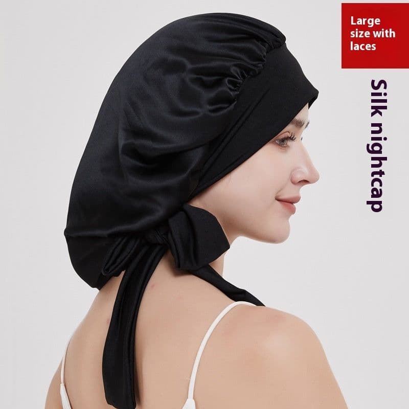 image-Wide-brimmed Lace-up Adjustable Elastic Large Silk Nightcap