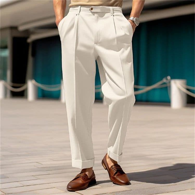 image-Men's Casual Trousers Comfortable Mid-waist Button Straight Suit Pants