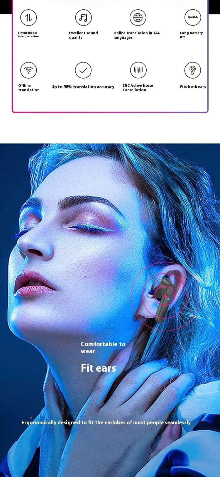 image-Wireless Bluetooth-compatible Translation Headphones Portable In-ear Translator