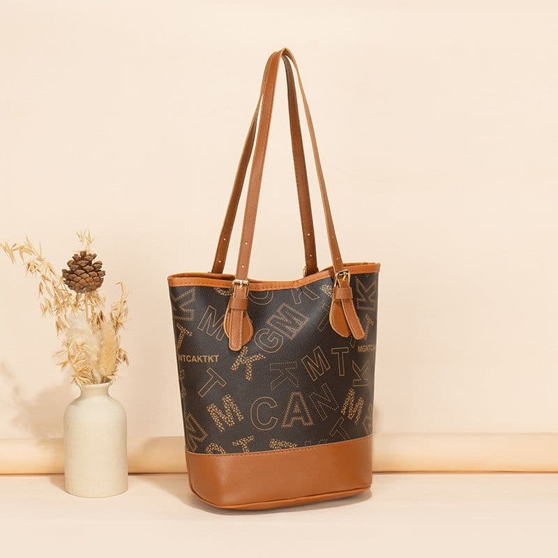 image-Women's Letter Printing Large-capacity Bucket Trendy Retro Style Shoulder Bag