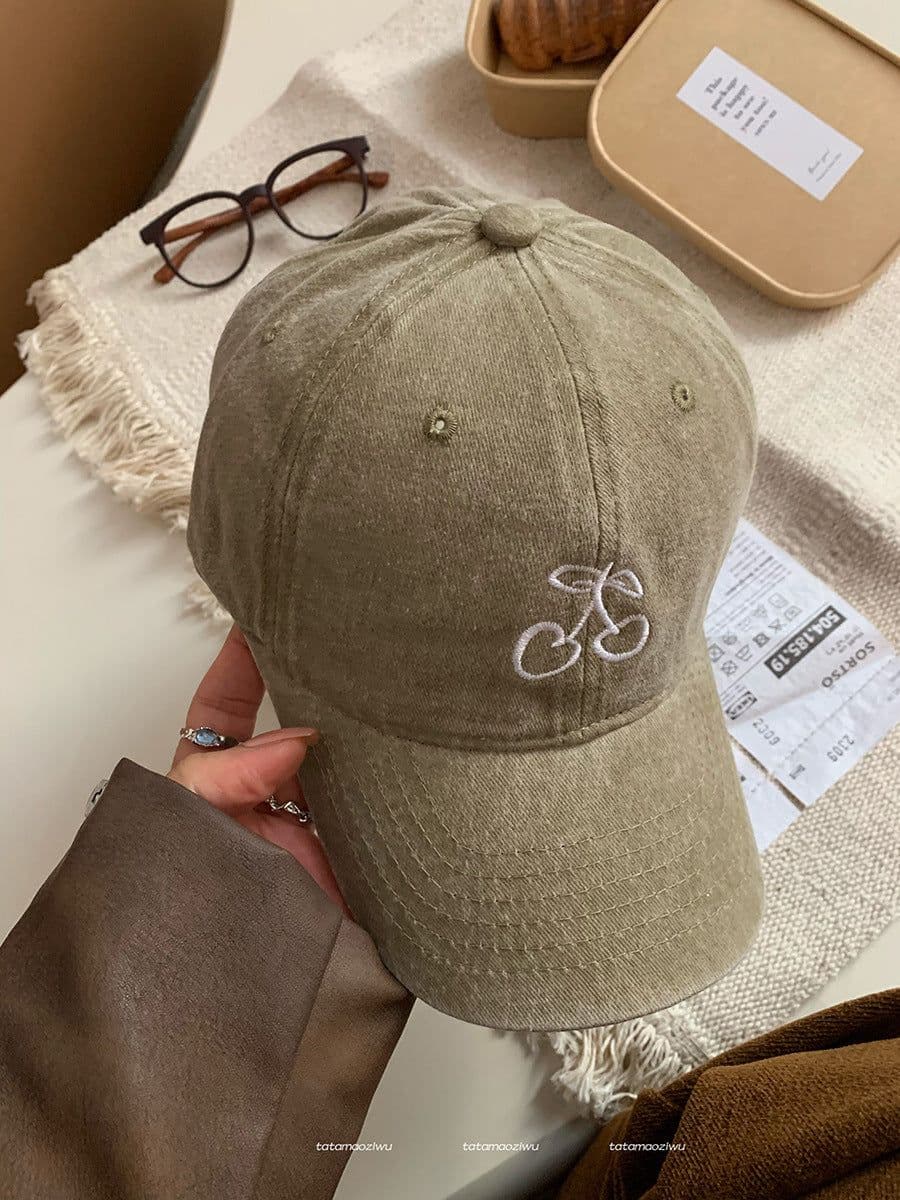 image-Ins Cherry Embroidered Baseball Cap Soft Top Wide Brim Cover Face Peaked Cap