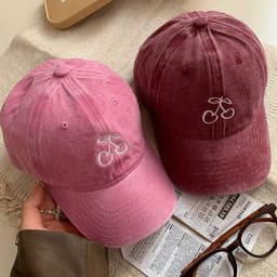 image-Ins Cherry Embroidered Baseball Cap Soft Top Wide Brim Cover Face Peaked Cap