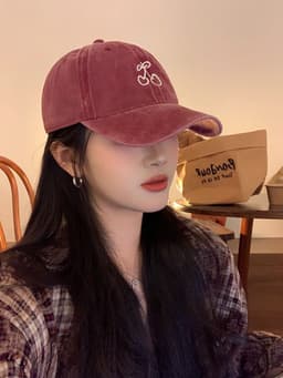 image-Ins Cherry Embroidered Baseball Cap Soft Top Wide Brim Cover Face Peaked Cap