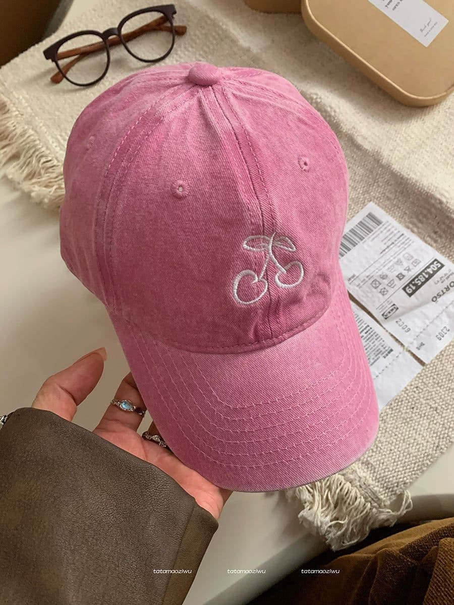 image-Ins Cherry Embroidered Baseball Cap Soft Top Wide Brim Cover Face Peaked Cap