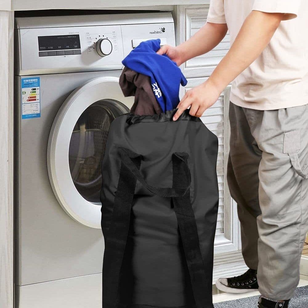 image-Sand-free Waterproof Oxford Cloth Drawstring Large Capacity Foldable Double-shoulder Travel Laundry Carrier