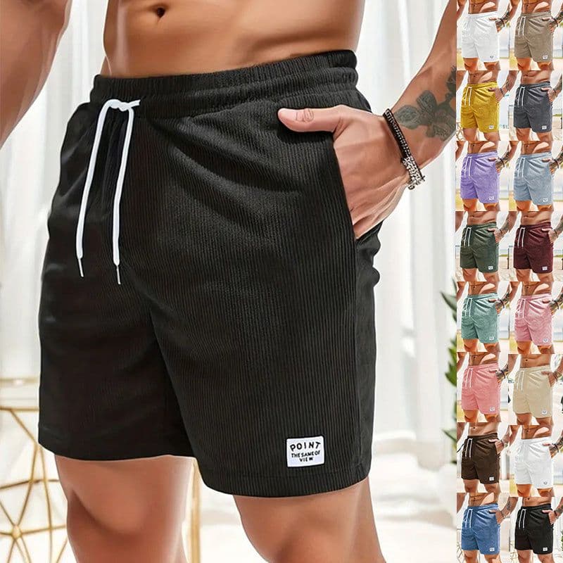 image-Lace-up Drawstring Shorts Summer Corduroy Sports Short Pants Mens Clothing