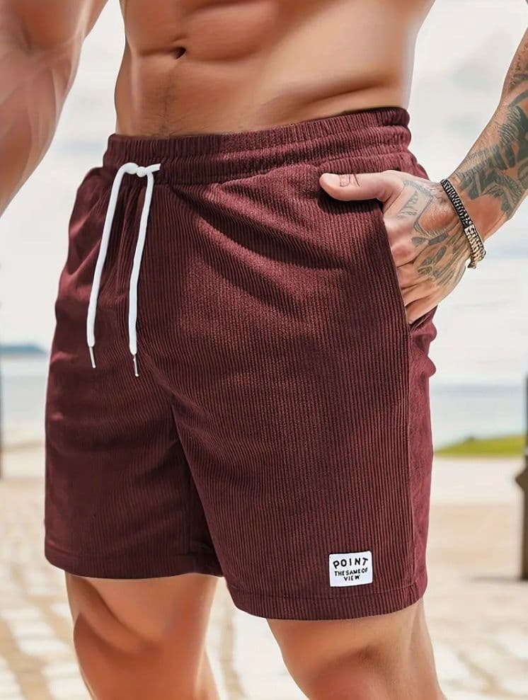 image-Lace-up Drawstring Shorts Summer Corduroy Sports Short Pants Mens Clothing