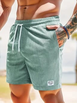 image-Lace-up Drawstring Shorts Summer Corduroy Sports Short Pants Mens Clothing