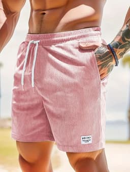 image-Lace-up Drawstring Shorts Summer Corduroy Sports Short Pants Mens Clothing